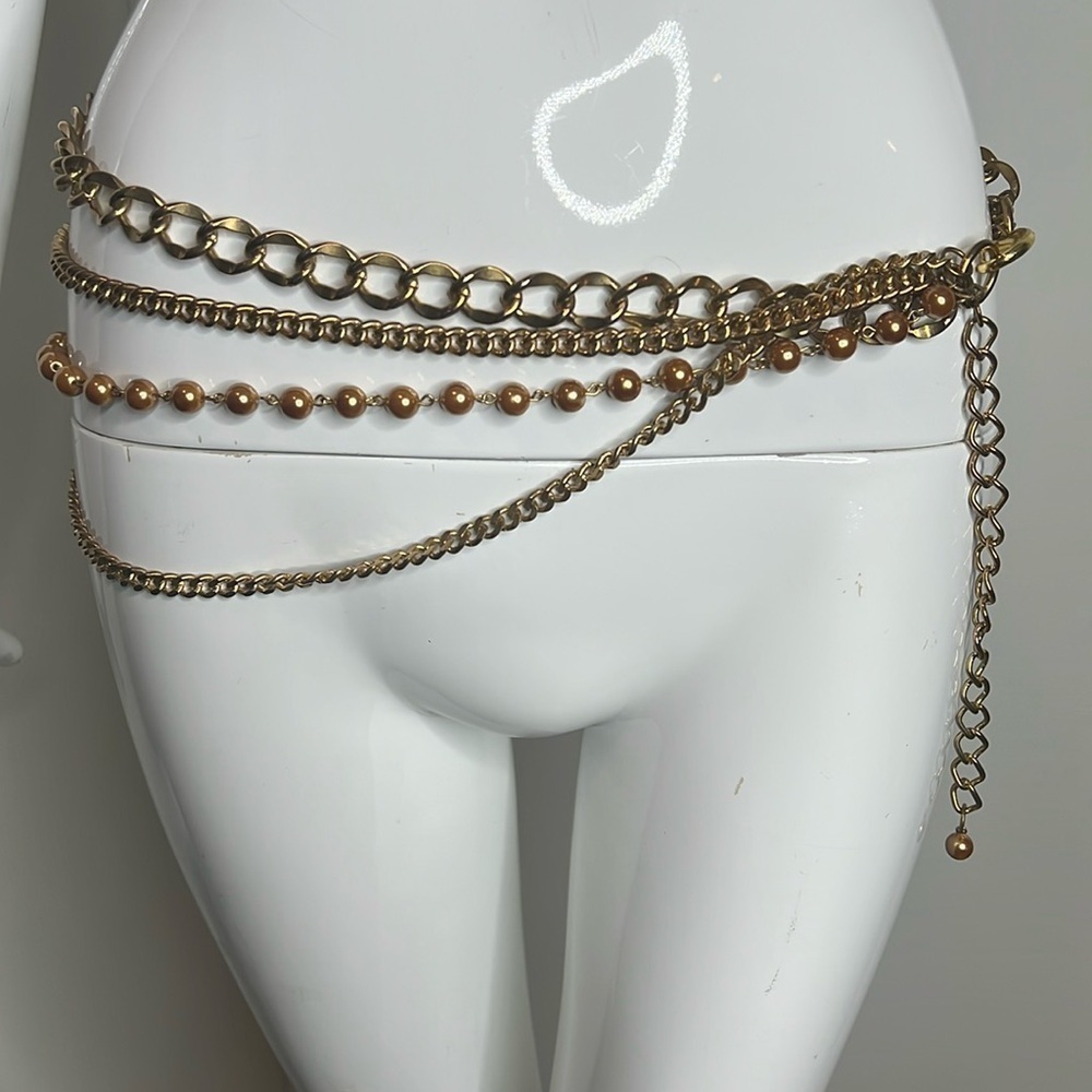 Gold Chain and Rose Pearl Drop Four Strand Adjustable Chain Belt